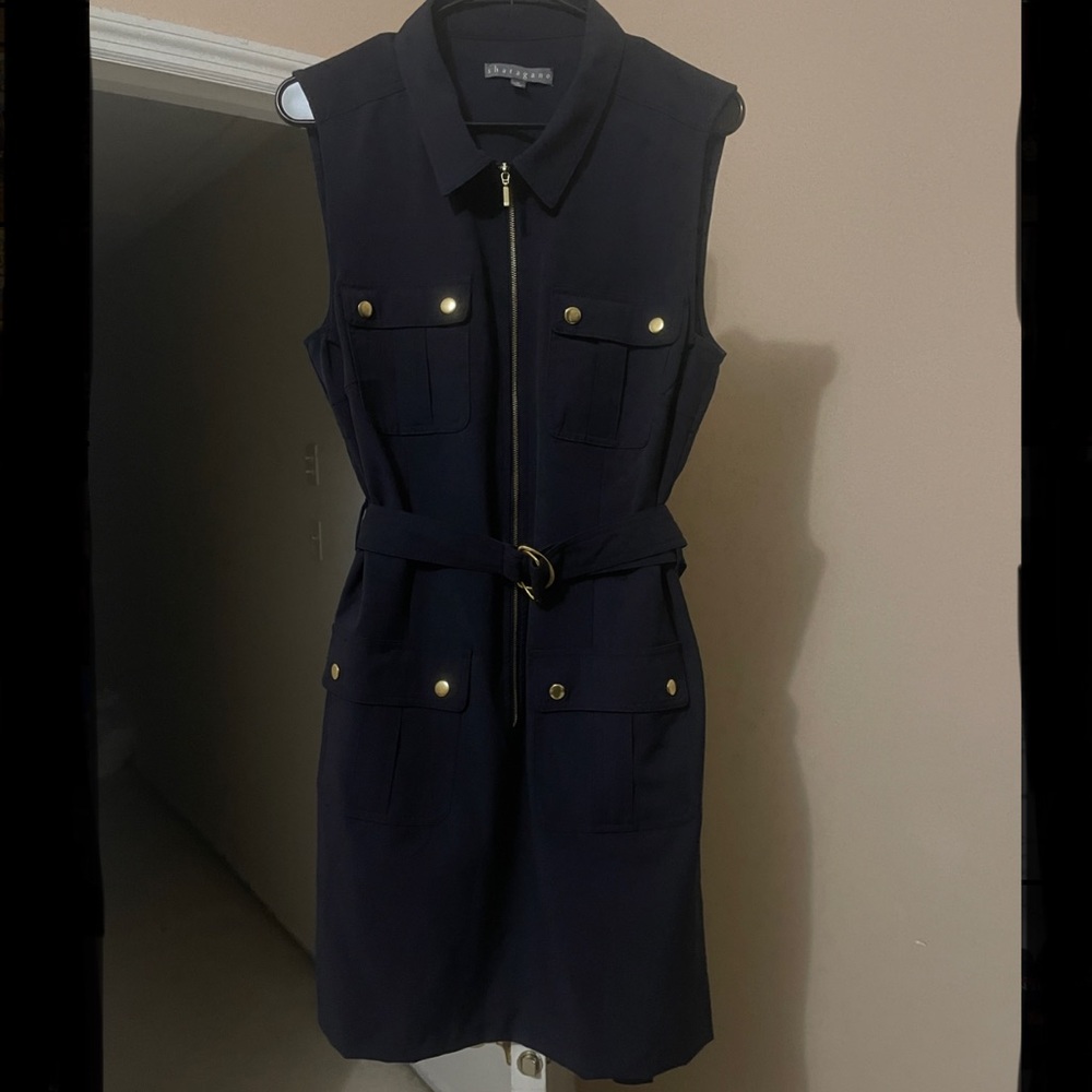 COPY - Sharagano sleeveless zip front navy blue dress